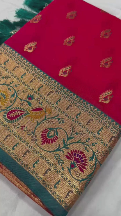Rani Pink Paithani Silk Saree with Meenakari Zari & Peacock Pallu