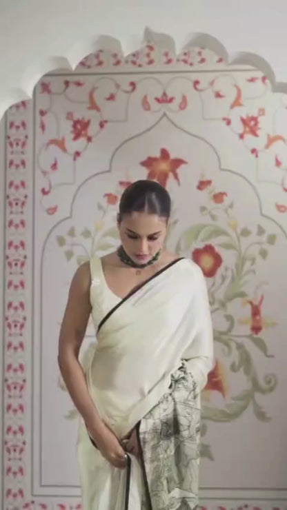 Ivory Digital Print Original Japan Satin Saree with Digital Print Blouse