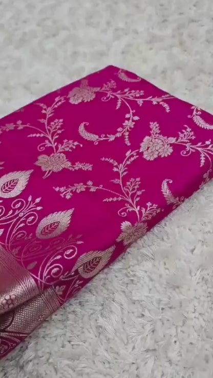 Rani Pink Banarasi Mashroo Katan Silk Saree with Jaal Weaving