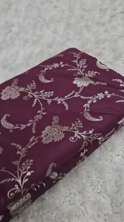 Mehroon Banarasi Mashroo Katan Silk Saree with Jaal Weaving