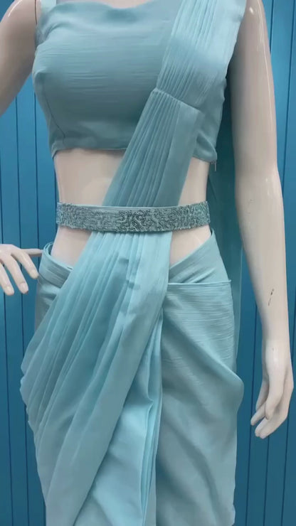 Sky Blue Chinon Ready-to-Wear Saree with Sequin Half Sleeve Koti