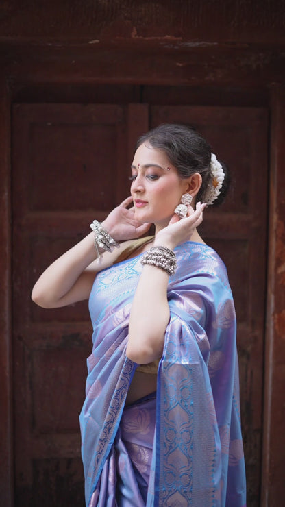 Semi Katan Silk Zari Booti Saree – Periwinkle Blue Glow