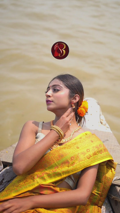 மஞ்சள் தூய டஸ்ஸார் ஜார்ஜெட் சில்க் பனாரசி கைத்தறி புடவை