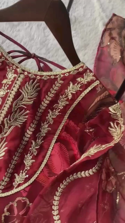 Red Organza Embroidered Short Kurti with Sharara & Dupatta – Sequence & Mirror Work 3 Piece Set