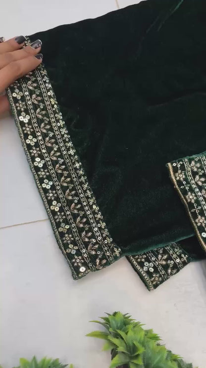 Designer Velvet Embroidery Suit  Kurti, Pant & Dupatta Set