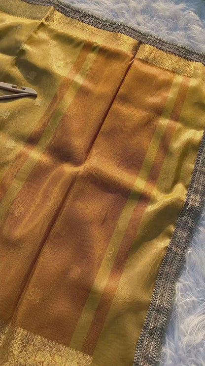 Yellow Tissue Saree with Elegant Small Flower Buti Design - Baranashe - Yellow Tissue Saree with Elegant Small Flower Buti Design