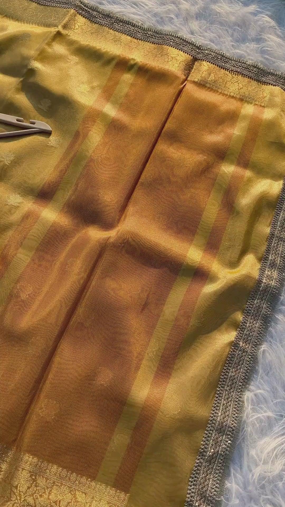 Yellow Tissue Saree with Elegant Small Flower Buti Design - Baranashe - Yellow Tissue Saree with Elegant Small Flower Buti Design