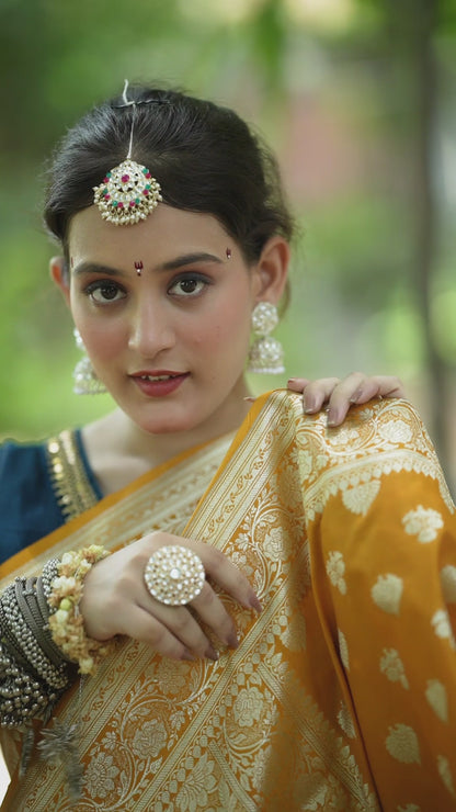 Sami Silk Nakshi Zari Booti Saree – Marigold Yellow with Silver Zari