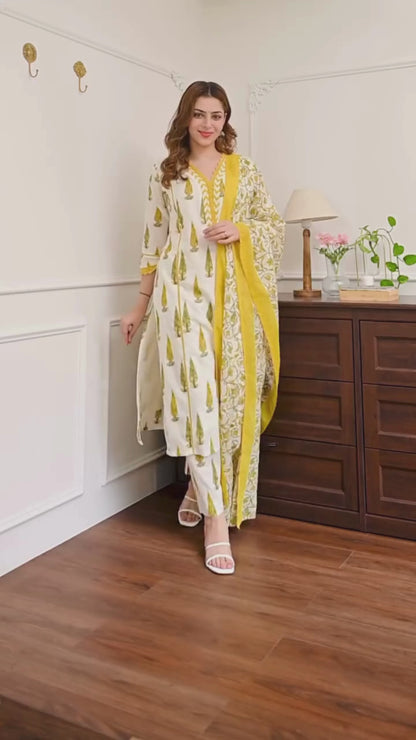 Ivory Cotton Kurta Set with Bagru Print & Mustard Dupatta