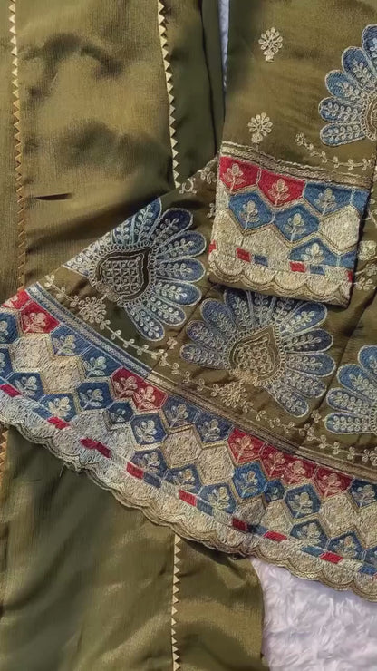 Elegant Olive Green Chinon Embroidered Kurta Palazzo Set with Dupatta