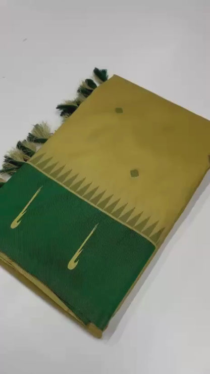 Cream & Mustard Silk Saree with Traditional Dark Green Zari Pallu