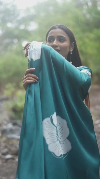 Office Wear Satin Saree – Teal Digital Print