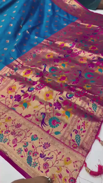Designer Blue Paithani Silk Saree with Floral Booti & Contrast Pink Pallu