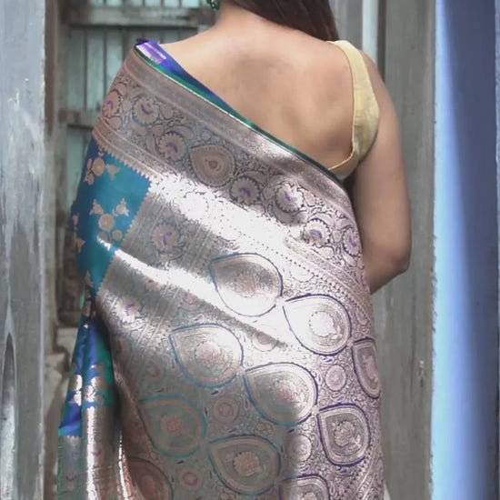 Blue Majesty – Banarasi Saree with Zari Pattern Work - Baranashe - Blue Majesty – Banarasi Saree with Zari Pattern Work