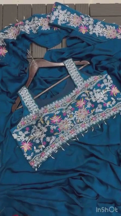 Royal Teal Embroidery Cording Ready-to-Wear Saree with Designer Full Koti