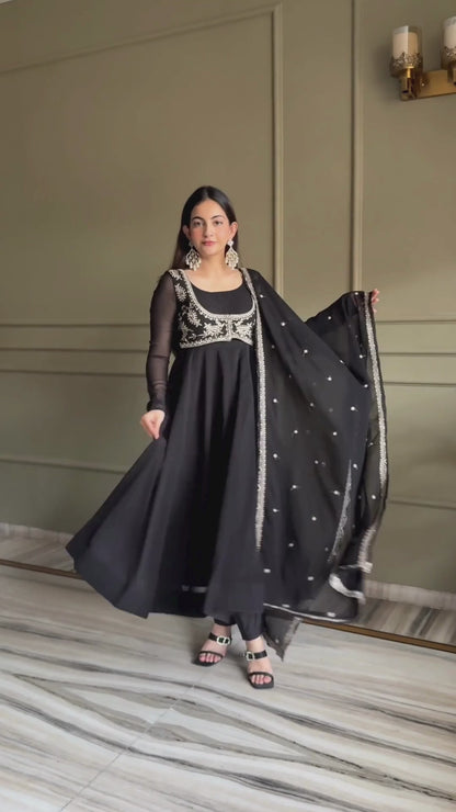 Premium Black Fox Georgette Anarkali Suit Set