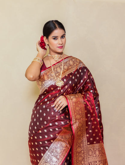 Maroon And Gold Ethnic Motifs Zari Silk Blend Banarasi Saree