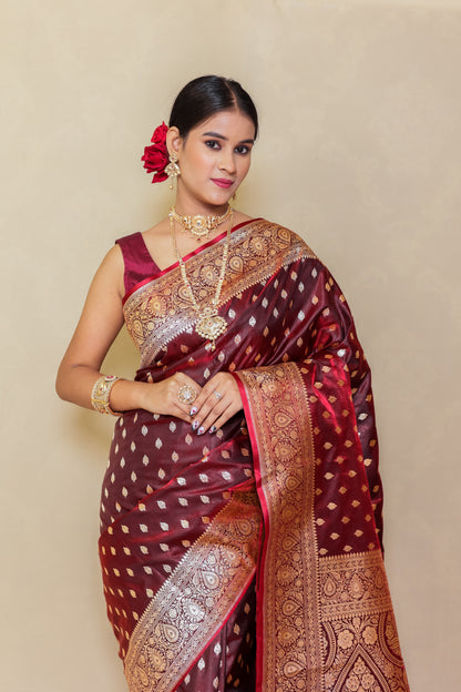 Maroon And Gold Ethnic Motifs Zari Silk Blend Banarasi Saree
