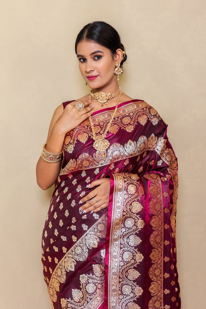 Maroon And Gold Ethnic Motifs Zari Silk Blend Banarasi Saree