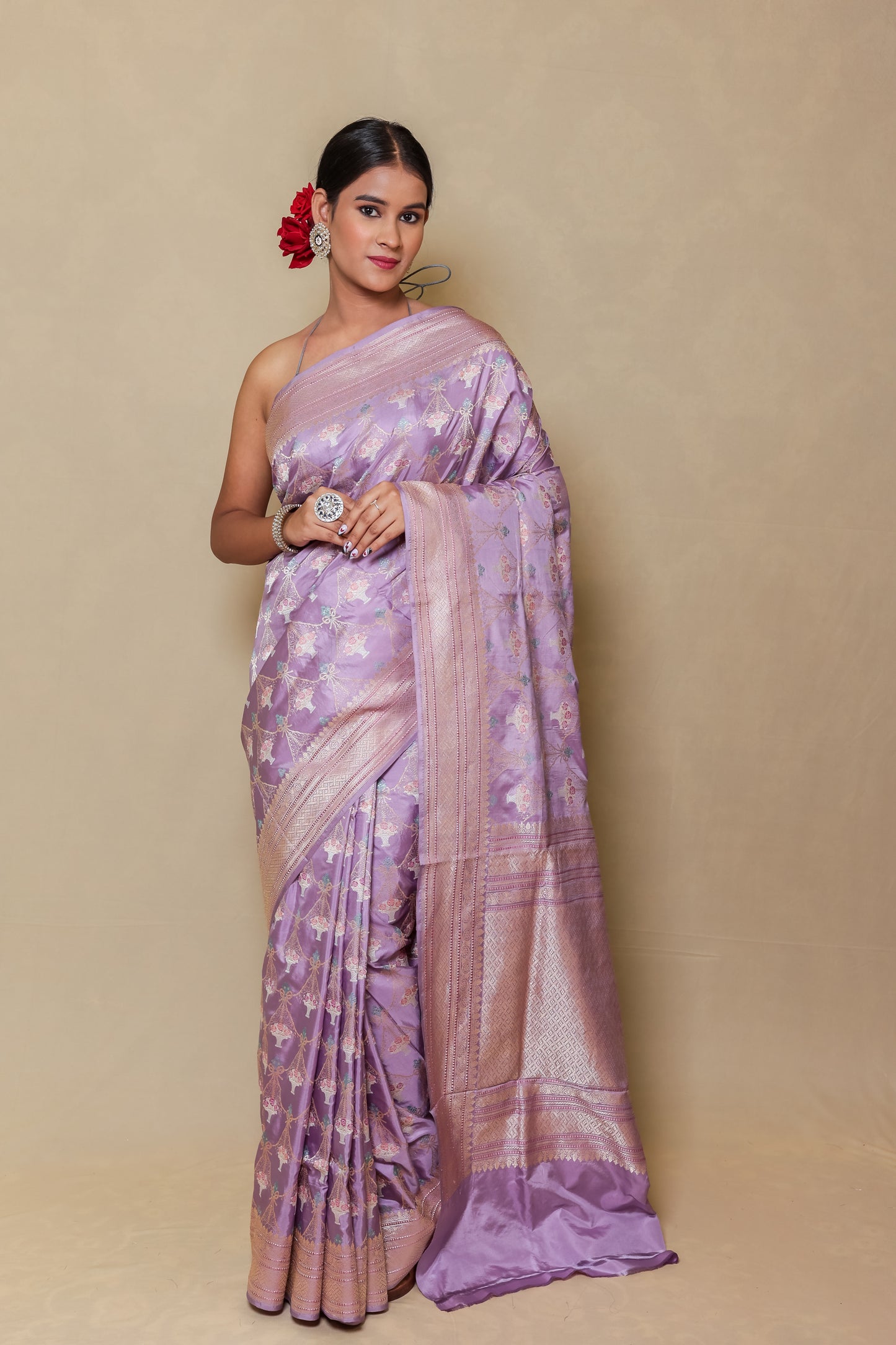 Pearl Lavender Zari Floral Jaal Silk Saree