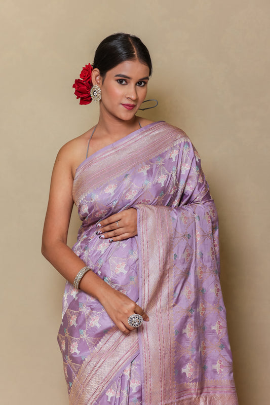 Pearl Lavender Zari Floral Jaal Silk Saree