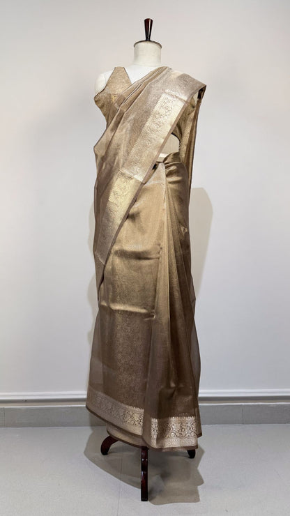 Golden Beige Banarasi Tissue Silk Saree for Women