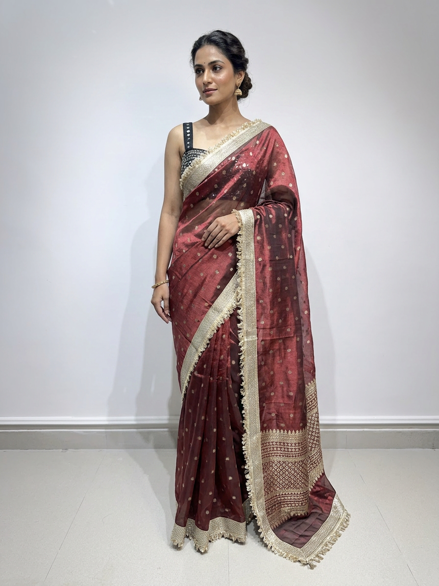Red Tissue Saree with Lace Border